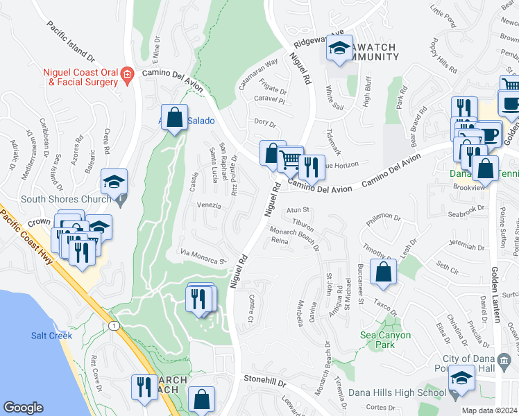 map of restaurants, bars, coffee shops, grocery stores, and more near 22 Corniche Drive in Dana Point
