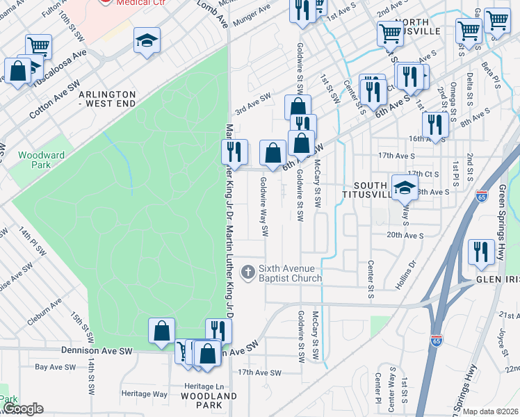 map of restaurants, bars, coffee shops, grocery stores, and more near 721 Bolin Street Southwest in Birmingham