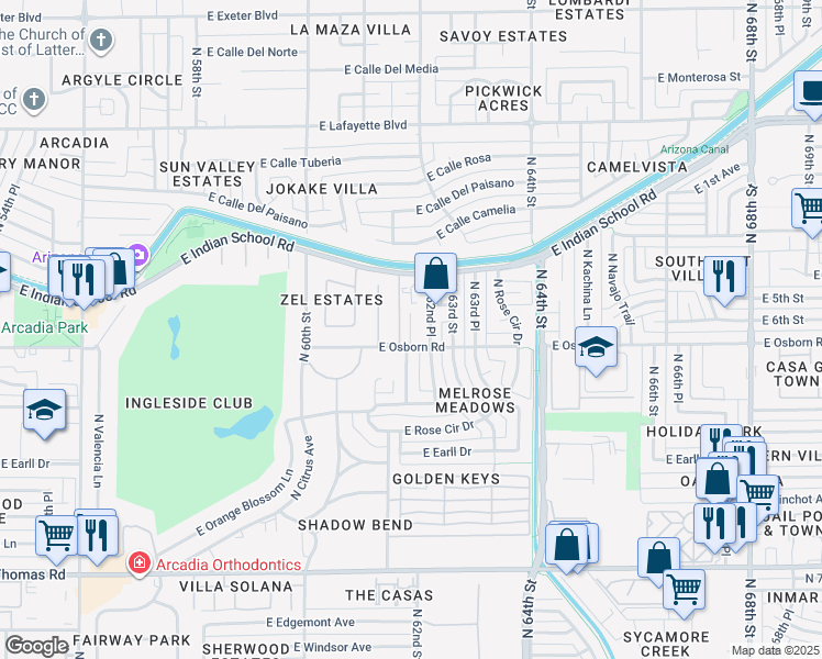 map of restaurants, bars, coffee shops, grocery stores, and more near 6140 East Osborn Road in Scottsdale