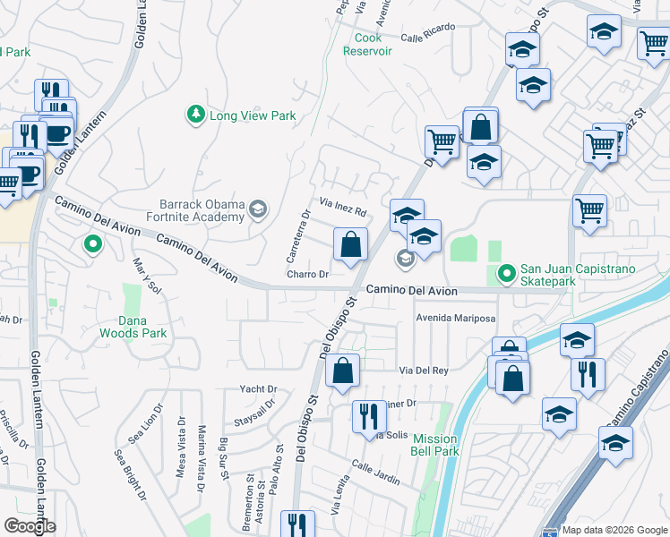 map of restaurants, bars, coffee shops, grocery stores, and more near 25552 Charro Drive in San Juan Capistrano