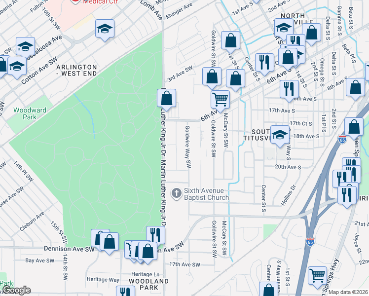 map of restaurants, bars, coffee shops, grocery stores, and more near 721 Bolin Street Southwest in Birmingham