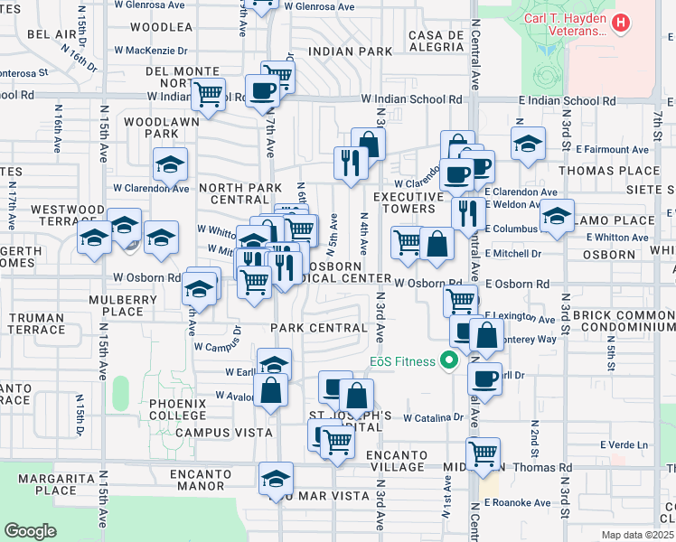 map of restaurants, bars, coffee shops, grocery stores, and more near 419 West Osborn Road in Phoenix