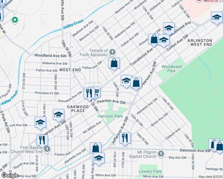 map of restaurants, bars, coffee shops, grocery stores, and more near 1633 Cleveland Avenue Southwest in Birmingham