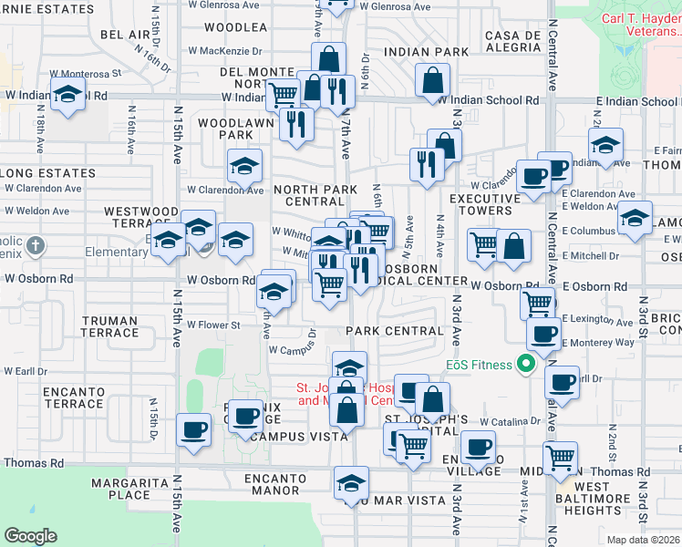 map of restaurants, bars, coffee shops, grocery stores, and more near 702 West Osborn Road in Phoenix