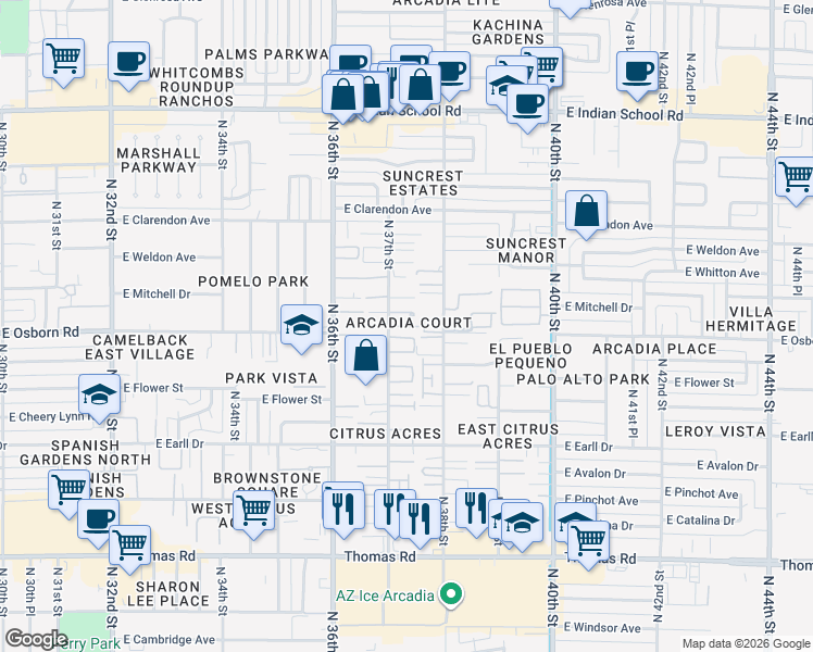 map of restaurants, bars, coffee shops, grocery stores, and more near 3233 North 37th Street in Phoenix