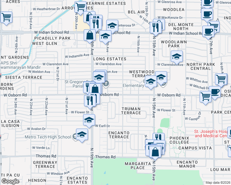 map of restaurants, bars, coffee shops, grocery stores, and more near 1717 West Osborn Road in Phoenix