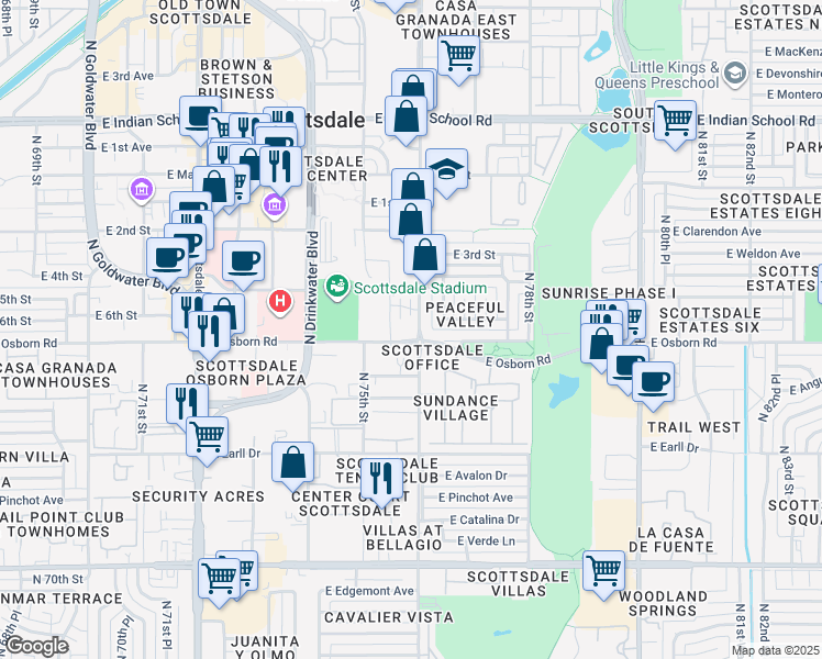 map of restaurants, bars, coffee shops, grocery stores, and more near 7555 East Osborn Road in Scottsdale