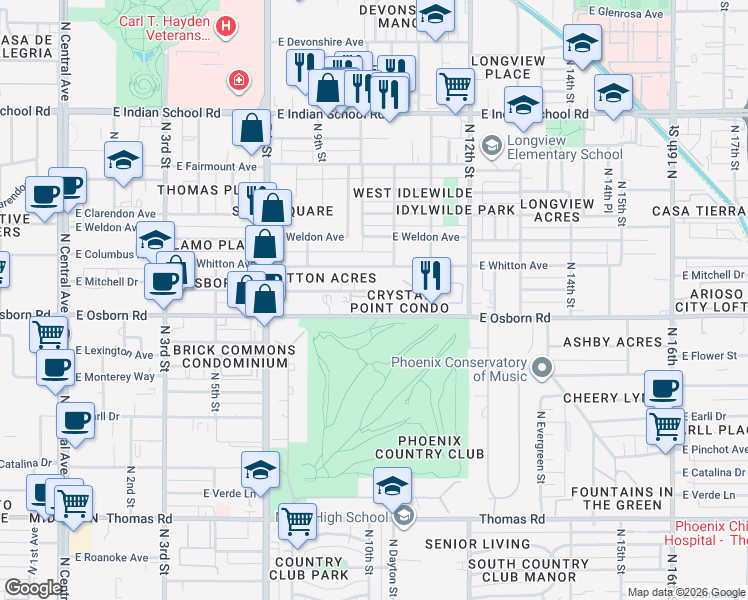 map of restaurants, bars, coffee shops, grocery stores, and more near 937 East Osborn Road in Phoenix