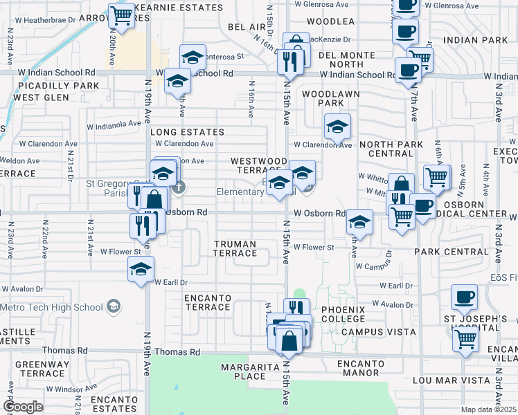 map of restaurants, bars, coffee shops, grocery stores, and more near 1601 West Osborn Road in Phoenix