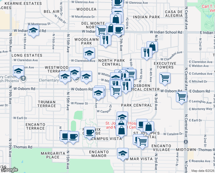 map of restaurants, bars, coffee shops, grocery stores, and more near 3341 North 10th Avenue in Phoenix