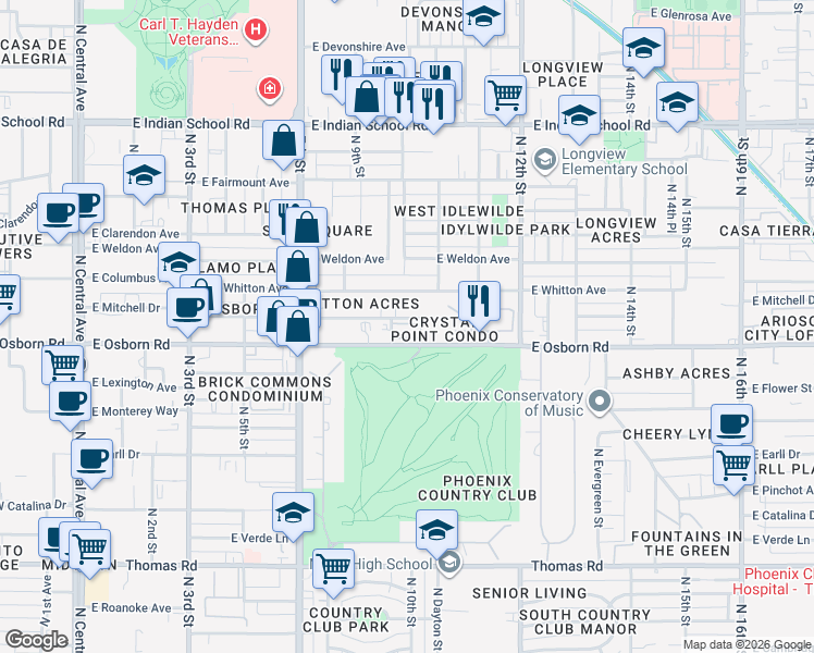 map of restaurants, bars, coffee shops, grocery stores, and more near 937 East Osborn Road in Phoenix