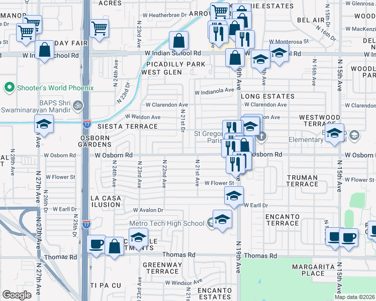 map of restaurants, bars, coffee shops, grocery stores, and more near 2111 West Osborn Road in Phoenix