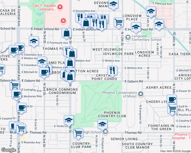 map of restaurants, bars, coffee shops, grocery stores, and more near 937 East Osborn Road in Phoenix