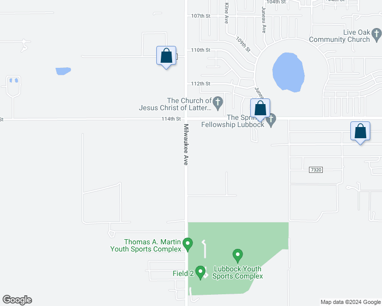 map of restaurants, bars, coffee shops, grocery stores, and more near 11609 Milwaukee Avenue in Lubbock