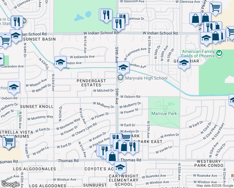 map of restaurants, bars, coffee shops, grocery stores, and more near 3415 North 59th Avenue in Phoenix