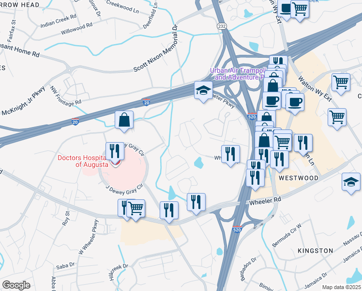 map of restaurants, bars, coffee shops, grocery stores, and more near 219 Caldwell Circle in Augusta