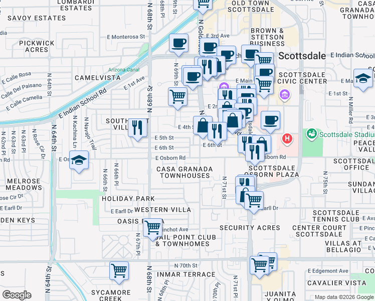 map of restaurants, bars, coffee shops, grocery stores, and more near 6925 East Osborn Road in Scottsdale
