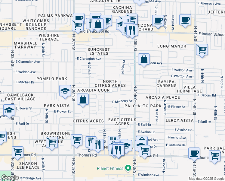 map of restaurants, bars, coffee shops, grocery stores, and more near 32437 East Cora Lane in Phoenix