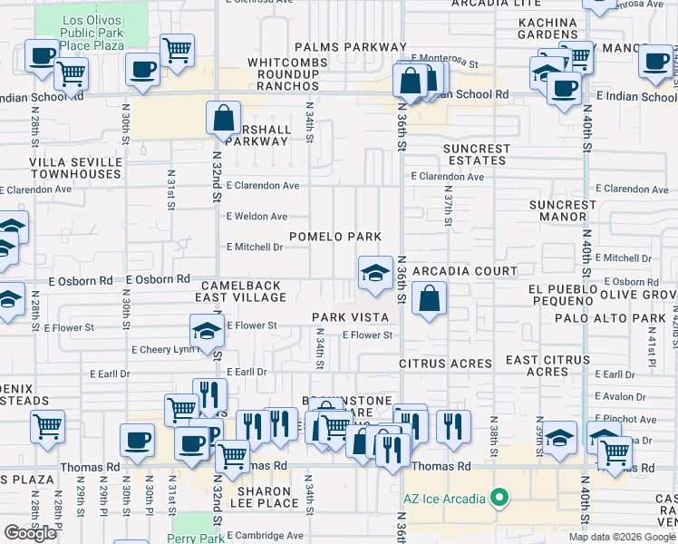 map of restaurants, bars, coffee shops, grocery stores, and more near 3445 East Osborn Road in Phoenix