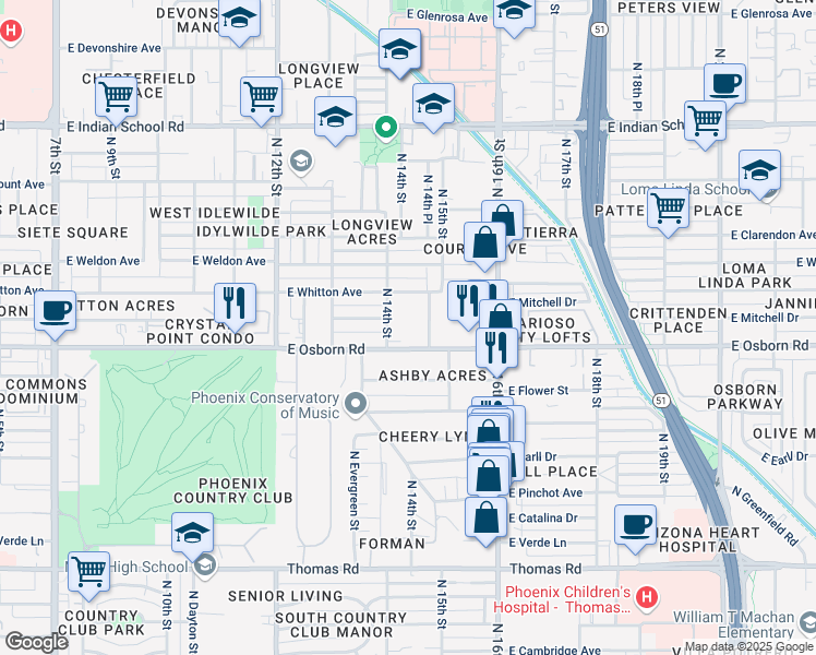 map of restaurants, bars, coffee shops, grocery stores, and more near 1414 East Osborn Road in Phoenix