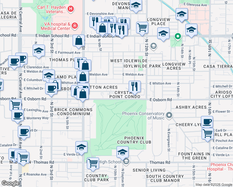 map of restaurants, bars, coffee shops, grocery stores, and more near 937 East Osborn Road in Phoenix