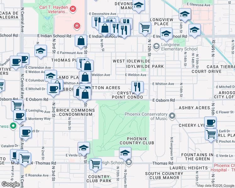 map of restaurants, bars, coffee shops, grocery stores, and more near 937 East Osborn Road in Phoenix