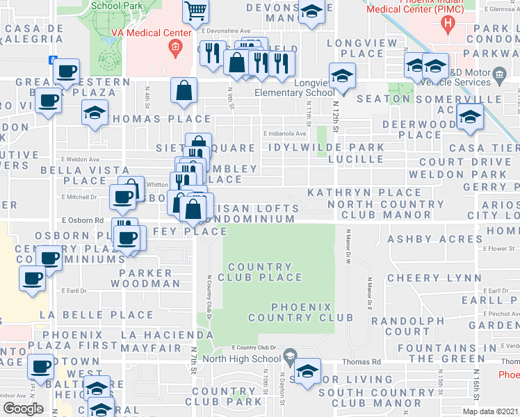 map of restaurants, bars, coffee shops, grocery stores, and more near 937 East Osborn Road in Phoenix