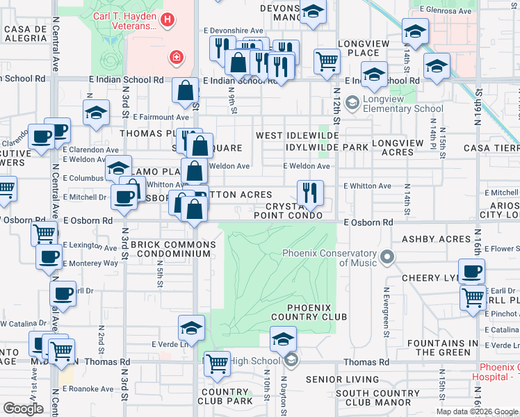 map of restaurants, bars, coffee shops, grocery stores, and more near 937 East Osborn Road in Phoenix