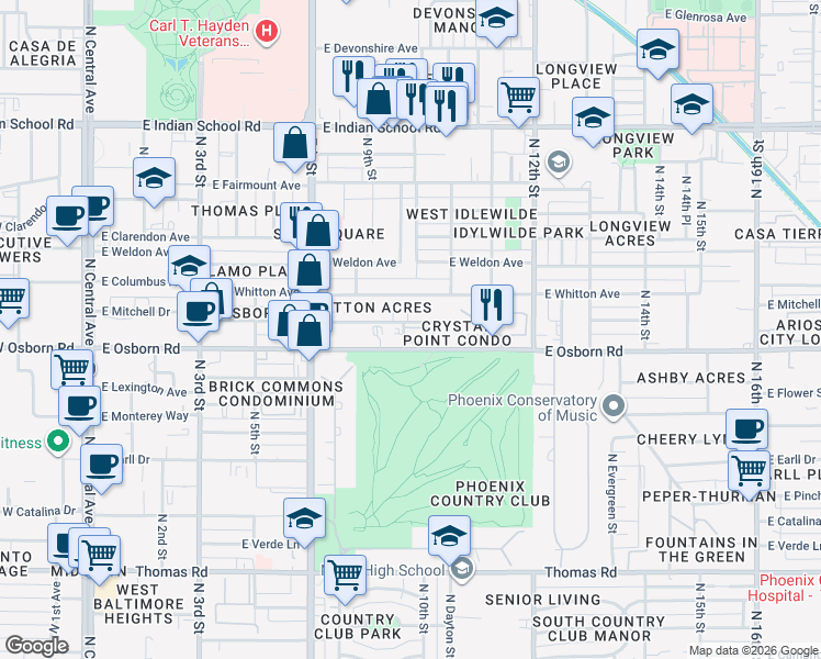 map of restaurants, bars, coffee shops, grocery stores, and more near 937 East Osborn Road in Phoenix