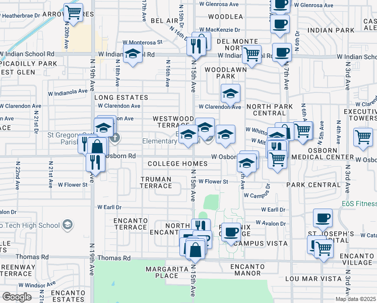 map of restaurants, bars, coffee shops, grocery stores, and more near 1515 West Osborn Road in Phoenix