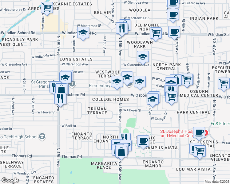 map of restaurants, bars, coffee shops, grocery stores, and more near in Phoenix