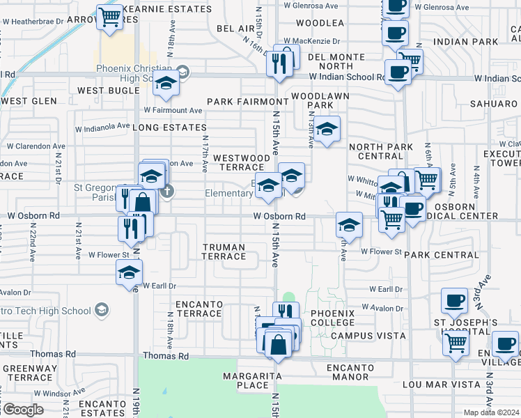 map of restaurants, bars, coffee shops, grocery stores, and more near in Phoenix