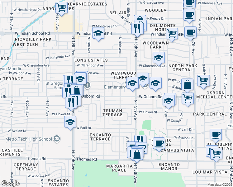 map of restaurants, bars, coffee shops, grocery stores, and more near 1601 West Osborn Road in Phoenix