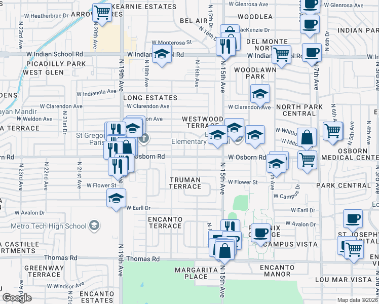 map of restaurants, bars, coffee shops, grocery stores, and more near 1601 West Osborn Road in Phoenix