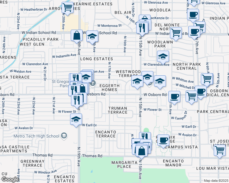 map of restaurants, bars, coffee shops, grocery stores, and more near 1629 West Osborn Road in Phoenix