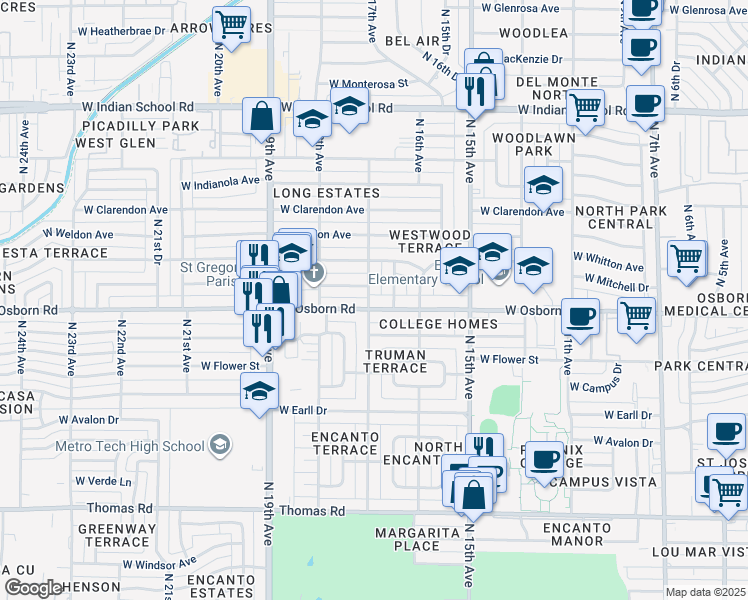 map of restaurants, bars, coffee shops, grocery stores, and more near 1629 West Osborn Road in Phoenix