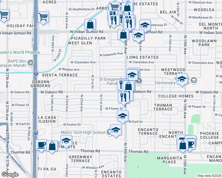 map of restaurants, bars, coffee shops, grocery stores, and more near 2011 West Osborn Road in Phoenix