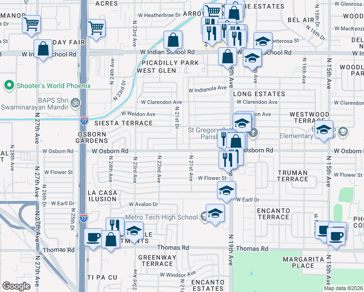 map of restaurants, bars, coffee shops, grocery stores, and more near 2111 West Osborn Road in Phoenix