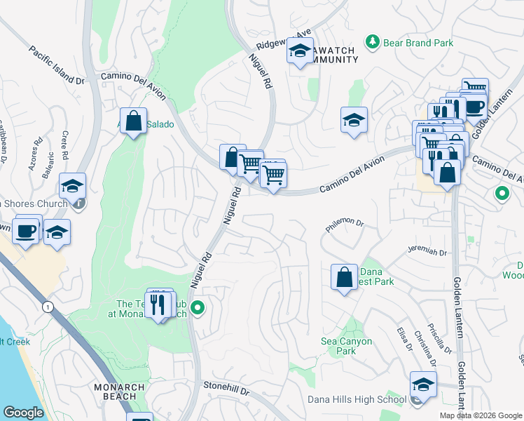 map of restaurants, bars, coffee shops, grocery stores, and more near 32745 Camaron in Dana Point