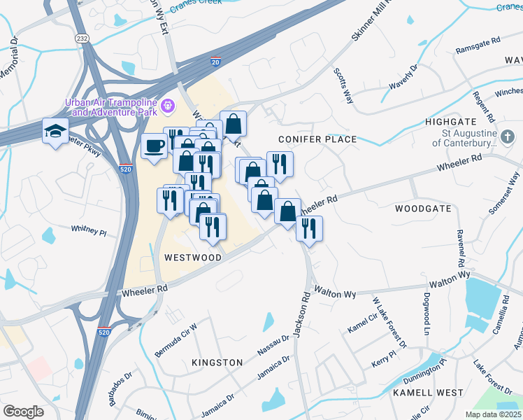 map of restaurants, bars, coffee shops, grocery stores, and more near 3610 Walton Way Extension in Augusta