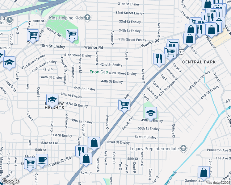 map of restaurants, bars, coffee shops, grocery stores, and more near 4550-4598 Avenue O in Birmingham