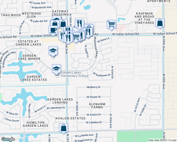 map of restaurants, bars, coffee shops, grocery stores, and more near 10483 West Emerald Lane in Avondale