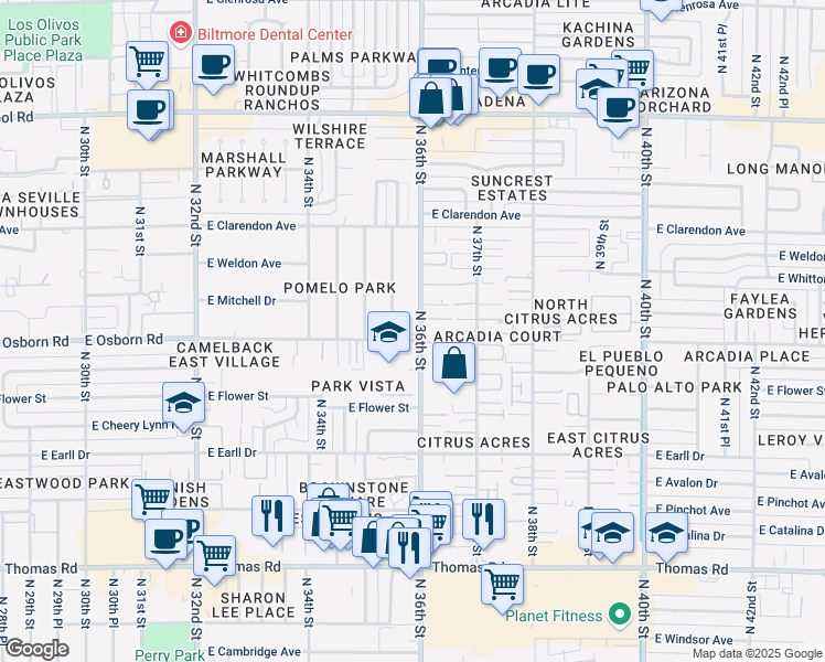 map of restaurants, bars, coffee shops, grocery stores, and more near 3501 East Osborn Road in Phoenix