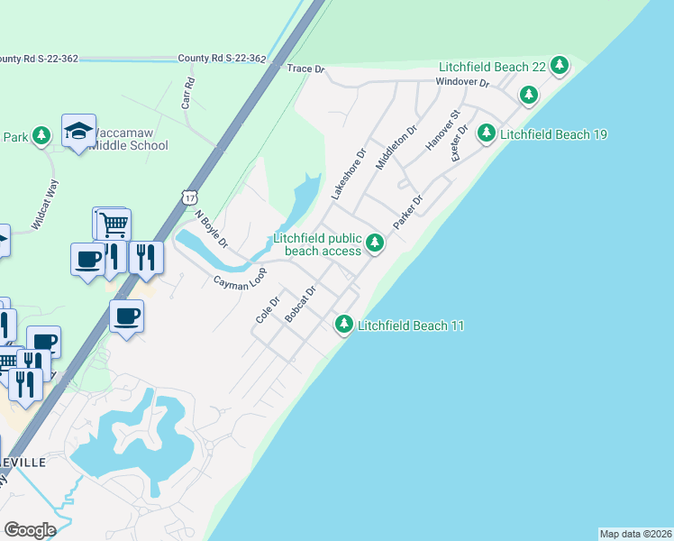 map of restaurants, bars, coffee shops, grocery stores, and more near 423 Parker Drive in Pawleys Island