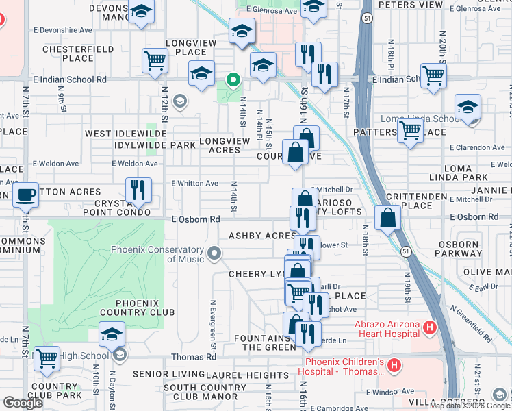 map of restaurants, bars, coffee shops, grocery stores, and more near 1432 East Osborn Road in Phoenix