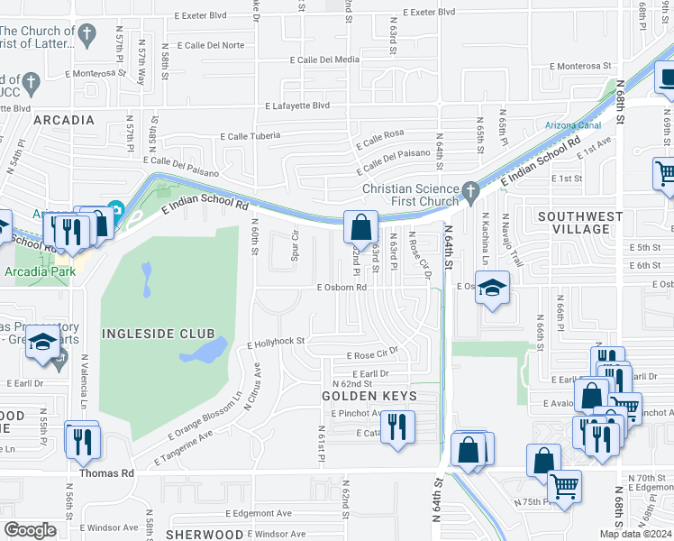 map of restaurants, bars, coffee shops, grocery stores, and more near 3412 North 62nd Street in Scottsdale