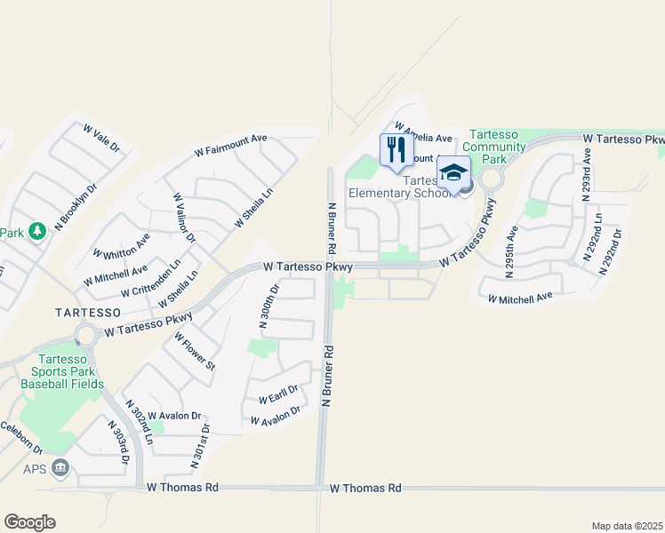 map of restaurants, bars, coffee shops, grocery stores, and more near N Bruner Rd & E Tartesso Pkwy in Buckeye