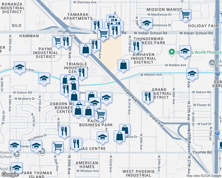 map of restaurants, bars, coffee shops, grocery stores, and more near 3171 West Osborn Road in Phoenix