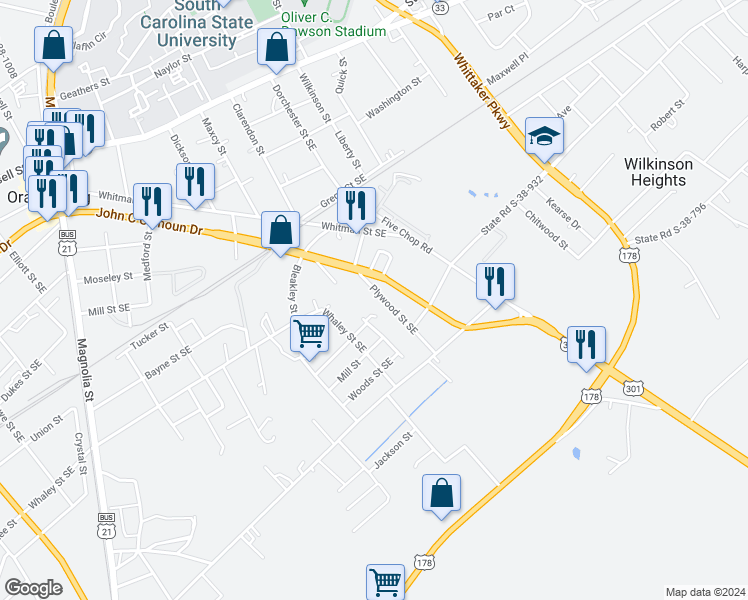 map of restaurants, bars, coffee shops, grocery stores, and more near 694 Plywood Street Southeast in Orangeburg
