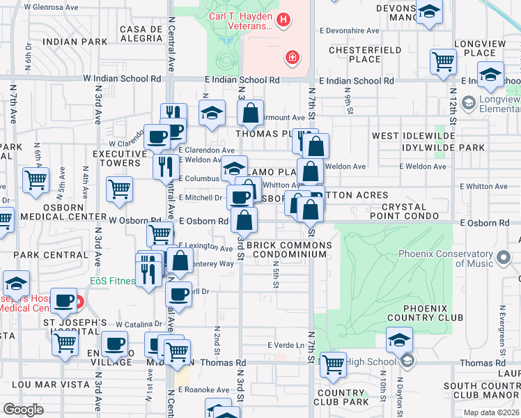 map of restaurants, bars, coffee shops, grocery stores, and more near 336 East Osborn Road in Phoenix